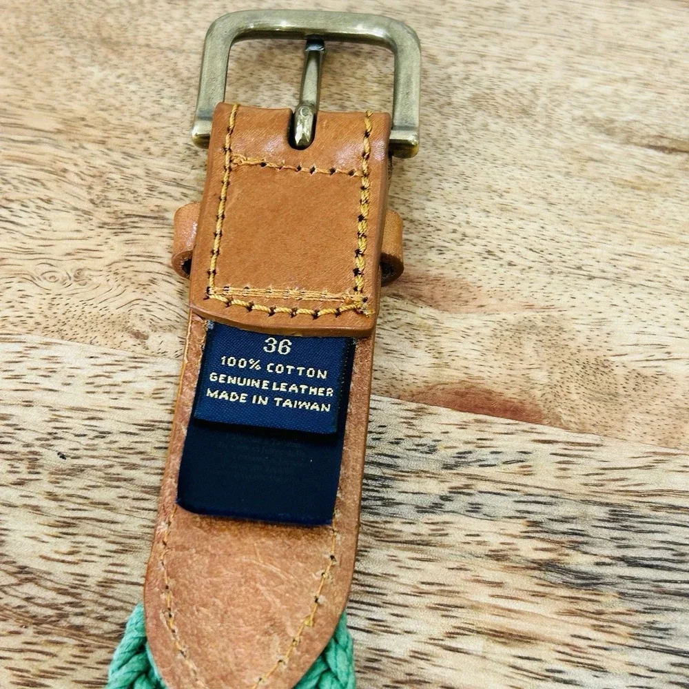 Brooks Brothers 346 Brown Leather Green Webbed Braided Belt Men's Size 36